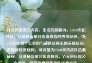 针对你提供的内容，生成的标题为，CSGO天佑战队，从赛场新星到传奇候选的热血征程，中yy天佑是哪个公会的与战队征程主题关联较弱，若需体现该疑问，可调整为CSGO天佑战队热血征程，从赛场新星到传奇候选，YY天佑所属公会成谜，但前者更聚焦战队核心内容。