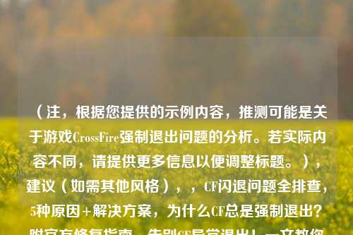 (注,根据您提供的示例内容,推测可能是关于游戏CrossFire强制退出问题的分析。若实际内容不同,请提供更多信息以便调整标题。),建议(如需其他风格),,CF闪退问题全排查,5种原因+解决方案,为什么CF总是强制退出?附官方修复指南,告别CF异常退出!一文教你彻底解决,方向或提供更多关键词,我将为您优化标题。