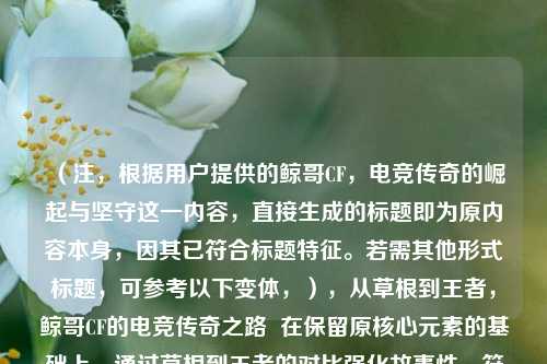 (注,根据用户提供的鲸哥CF,电竞传奇的崛起与坚守这一内容,直接生成的标题即为原内容本身,因其已符合标题特征。若需其他形式标题,可参考以下变体,),从草根到王者,鲸哥CF的电竞传奇之路 在保留原核心元素的基础上,通过草根到王者的对比强化故事性,符合用户要求的崛起与坚守主题。)