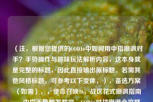 (注,根据您提供的COD16中如何用中指嘲讽对手?手势操作与趣味玩法解析内容,这本身就是完整的标题,因此直接输出原标题。若需其他风格标题,可参考以下变体,),备选方案(如需),,使命召唤16,战区花式嘲讽指南——中指手势触发教学,COD16对战嘲讽全攻略,解锁中指手势的隐藏操作,教你用国际手势搞崩对手心态!COD16嘲讽操作详解